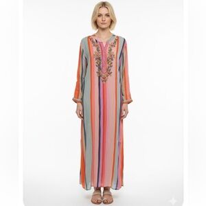 Soft Surroundings Icon Stripe Aruba Embroidered and Beaded Caftan Dress- Size XL
